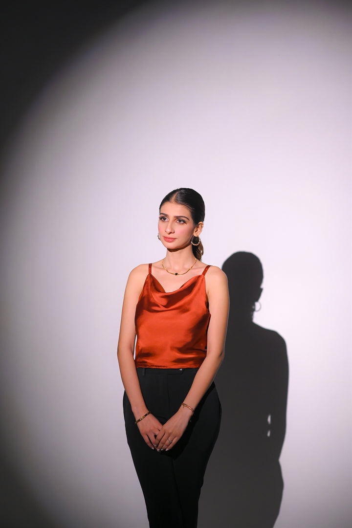 Rust Silk Cowl Neck Top