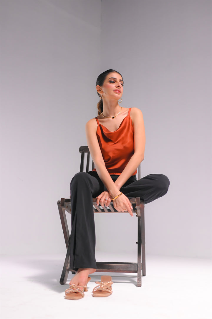 Rust Silk Cowl Neck Top