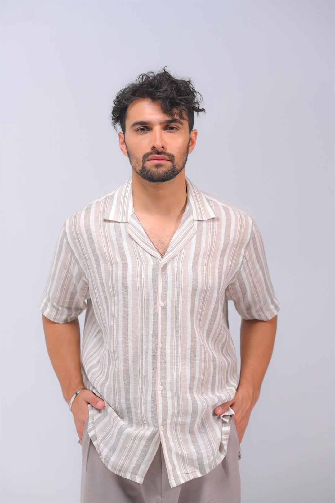 Beige Stripes Smart Casual Short Sleeve Linen Shirt