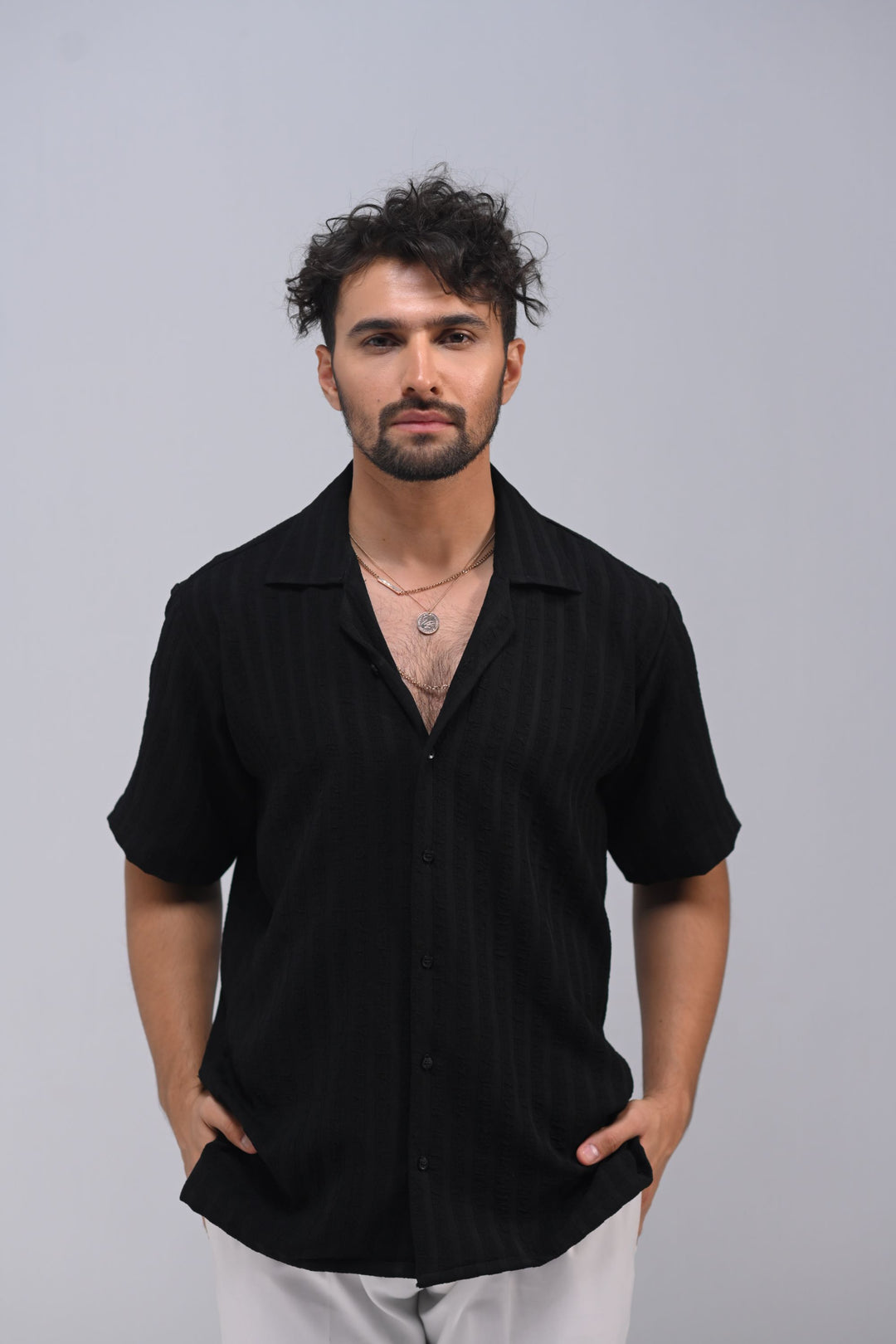 Black Textured Casual Linen Shirt