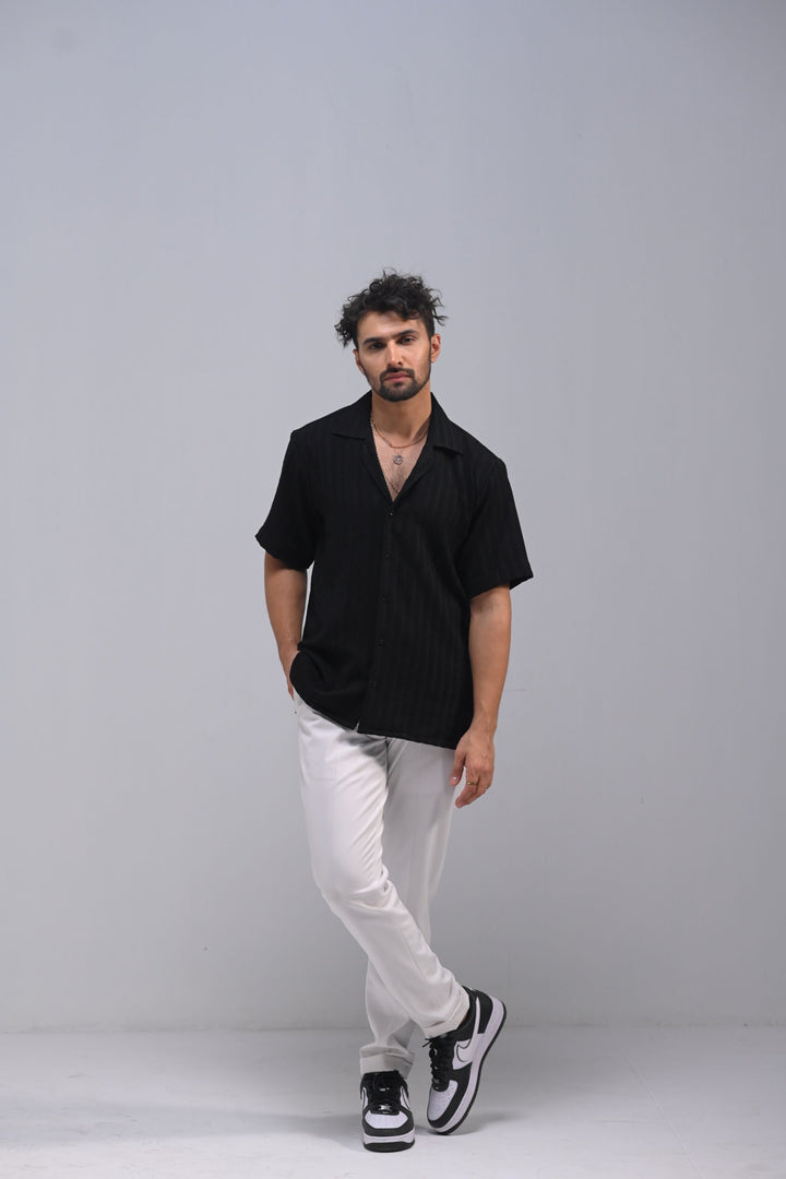 Black Textured Casual Linen Shirt