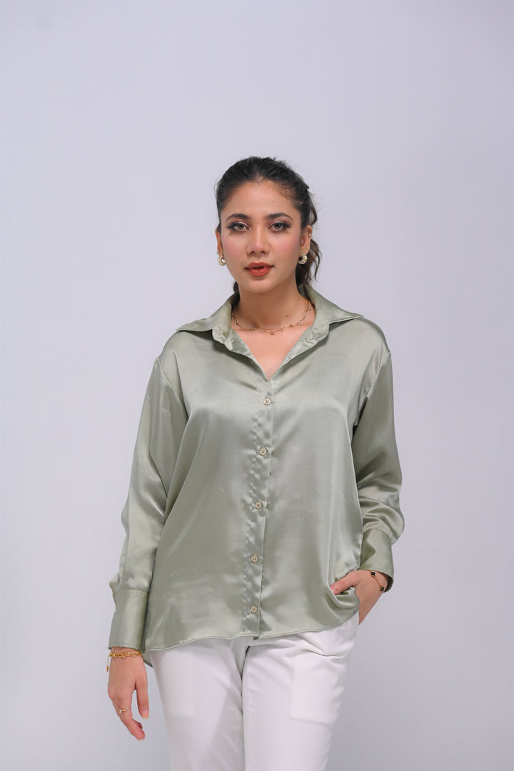 Olive Green Silk Button Down Shirt (NEW)